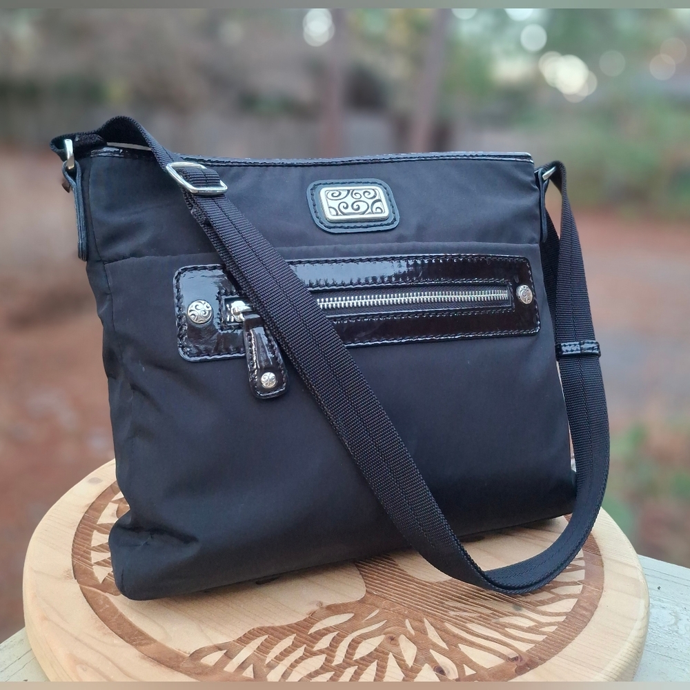 Brighton London Grove Sadie Black Patent Leather & Nylon Crossbody Shoulder Bag